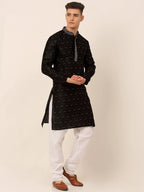 Jompers Men's Silk Blend Collar Embroidered Kurta Pyjama Set - Black | Grocsy