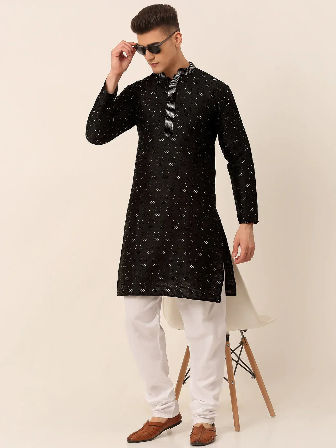 Jompers Men's Silk Blend Collar Embroidered Kurta Pyjama Set - Black | Grocsy