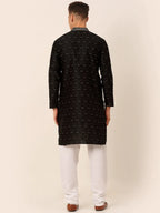 Jompers Men's Silk Blend Collar Embroidered Kurta Pyjama Set - Black | Grocsy