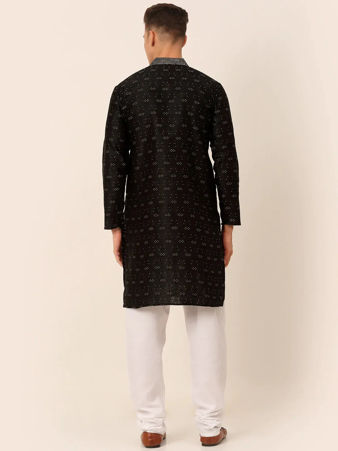 Jompers Men's Silk Blend Collar Embroidered Kurta Pyjama Set - Black | Grocsy
