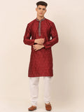 Jompers Men's Silk Blend Collar Embroidered Kurta Pyjama Set - Maroon | Grocsy