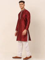 Jompers Men's Silk Blend Collar Embroidered Kurta Pyjama Set - Maroon | Grocsy