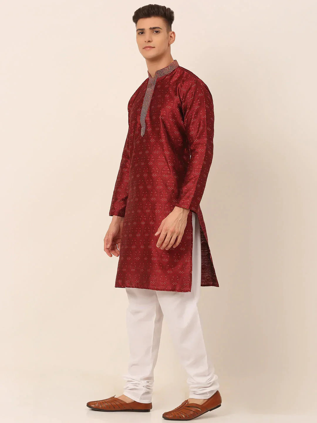 Jompers Men's Silk Blend Collar Embroidered Kurta Pyjama Set - Maroon | Grocsy