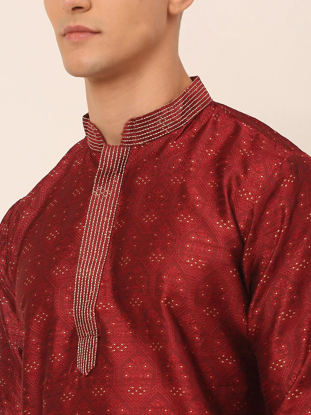 Jompers Men's Silk Blend Collar Embroidered Kurta Pyjama Set - Maroon | Grocsy