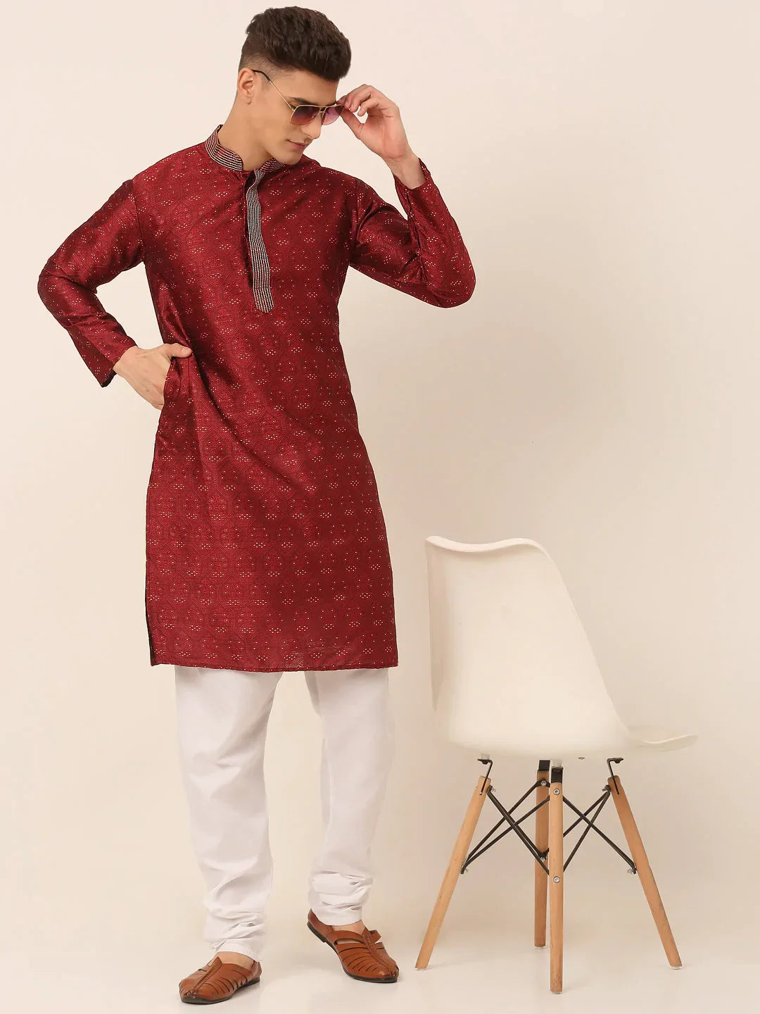 Jompers Men's Silk Blend Collar Embroidered Kurta Pyjama Set - Maroon | Grocsy