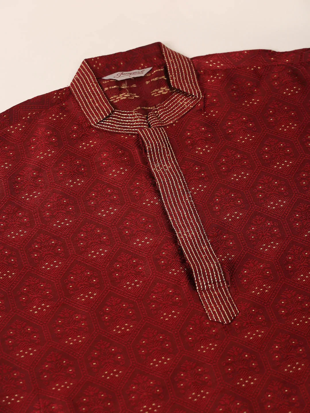 Jompers Men's Silk Blend Collar Embroidered Kurta Pyjama Set - Maroon | Grocsy