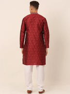 Jompers Men's Silk Blend Collar Embroidered Kurta Pyjama Set - Maroon | Grocsy