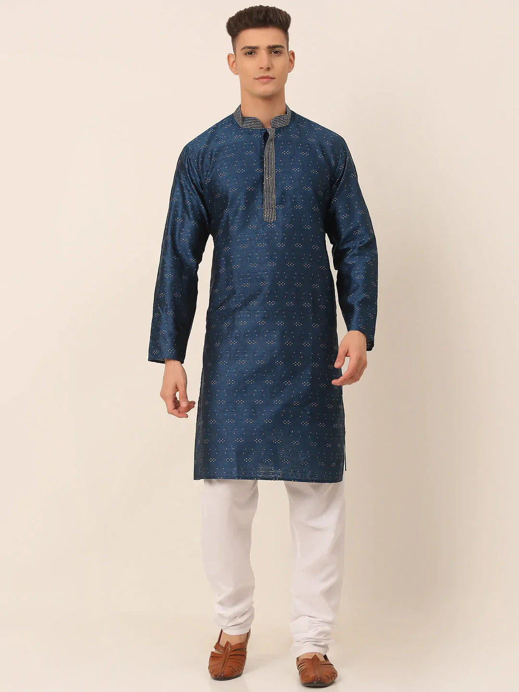 Jompers Men's Silk Blend Collar Embroidered Kurta Pyjama Set - Peacock | Grocsy