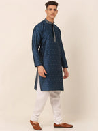Jompers Men's Silk Blend Collar Embroidered Kurta Pyjama Set - Peacock | Grocsy
