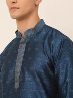 Jompers Men's Silk Blend Collar Embroidered Kurta Pyjama Set - Peacock | Grocsy