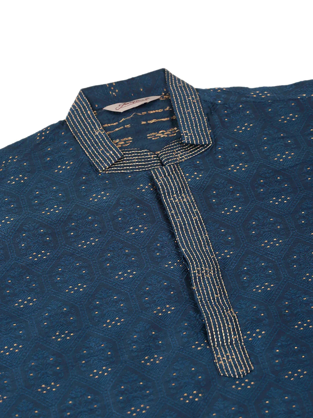 Jompers Men's Silk Blend Collar Embroidered Kurta Pyjama Set - Peacock | Grocsy