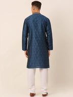 Jompers Men's Silk Blend Collar Embroidered Kurta Pyjama Set - Peacock | Grocsy