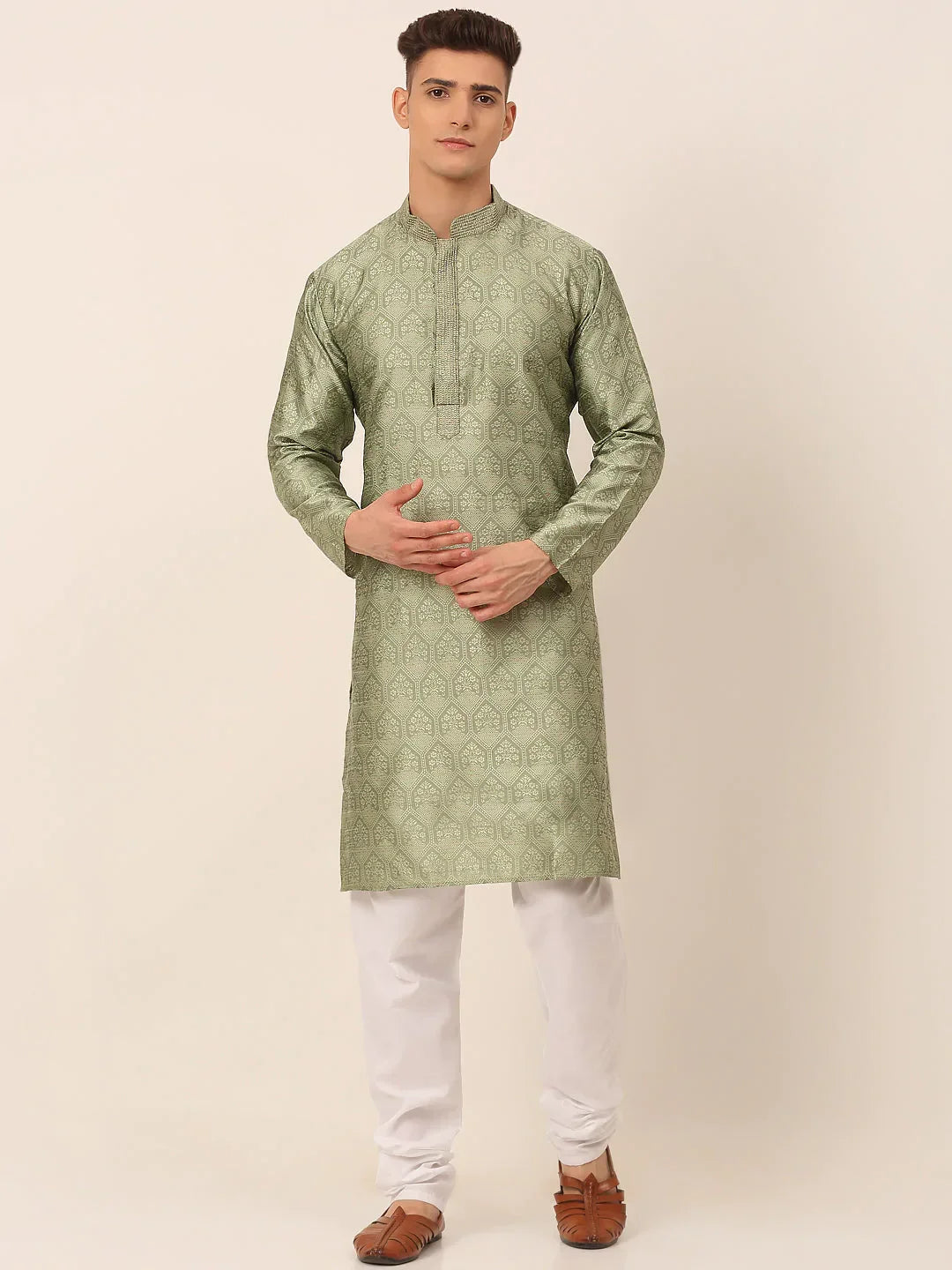 Jompers Men's Silk Blend Collar Embroidered Kurta Pyjama Set - Pista | Grocsy