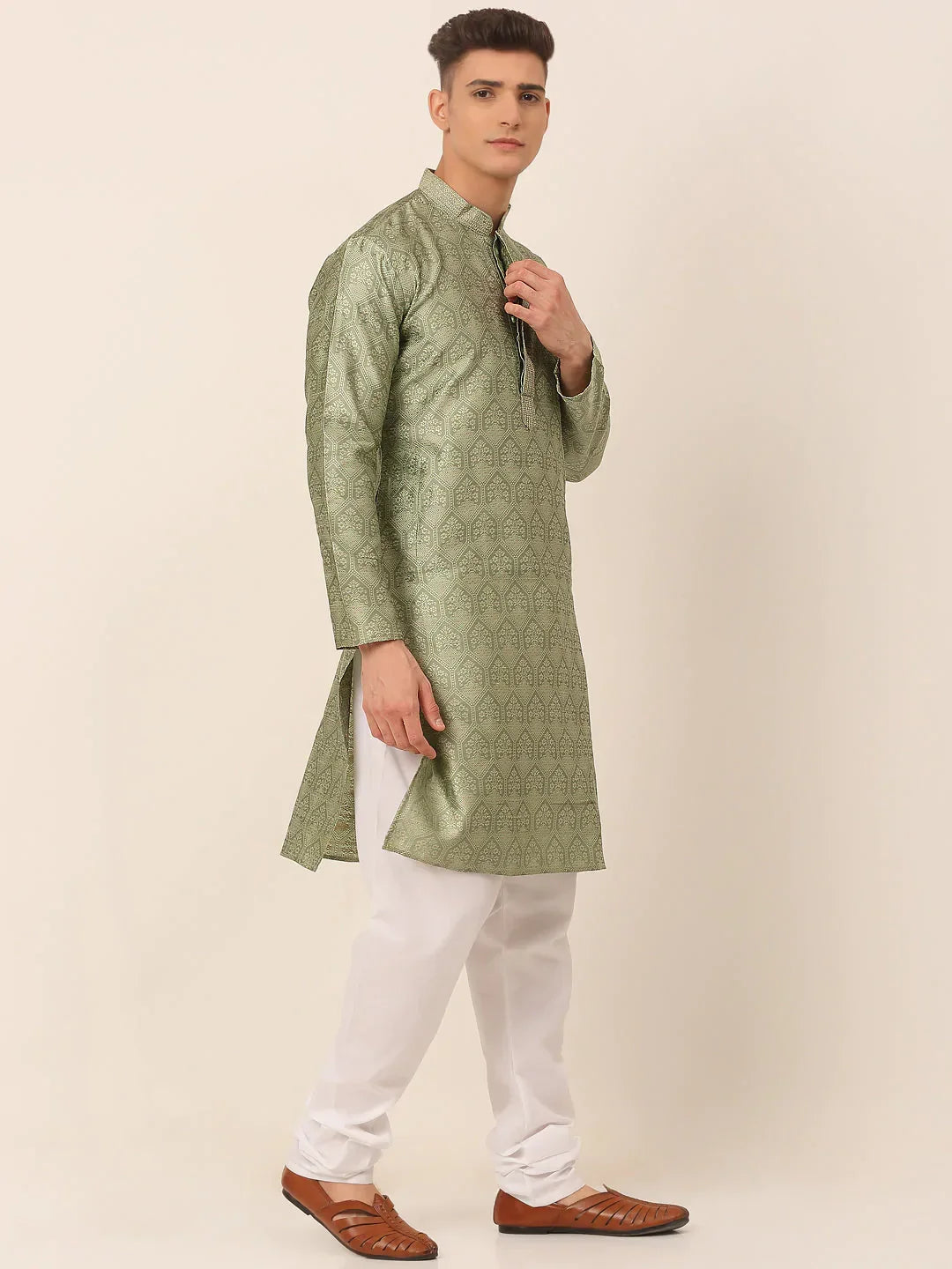 Jompers Men's Silk Blend Collar Embroidered Kurta Pyjama Set - Pista | Grocsy