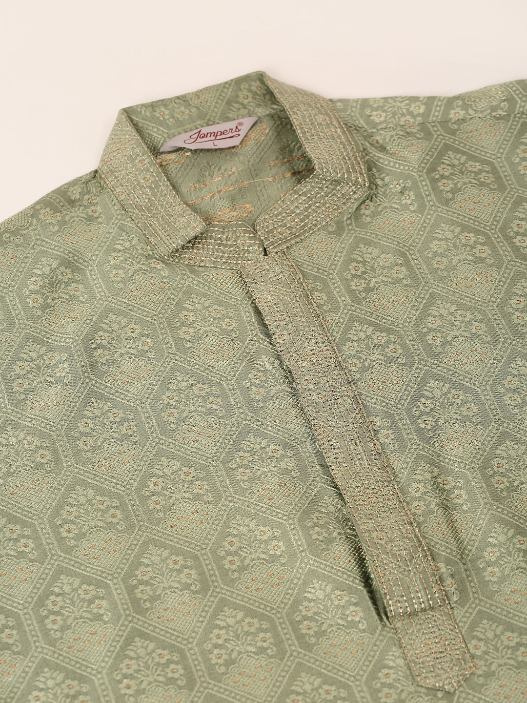 Jompers Men's Silk Blend Collar Embroidered Kurta Pyjama Set - Pista | Grocsy