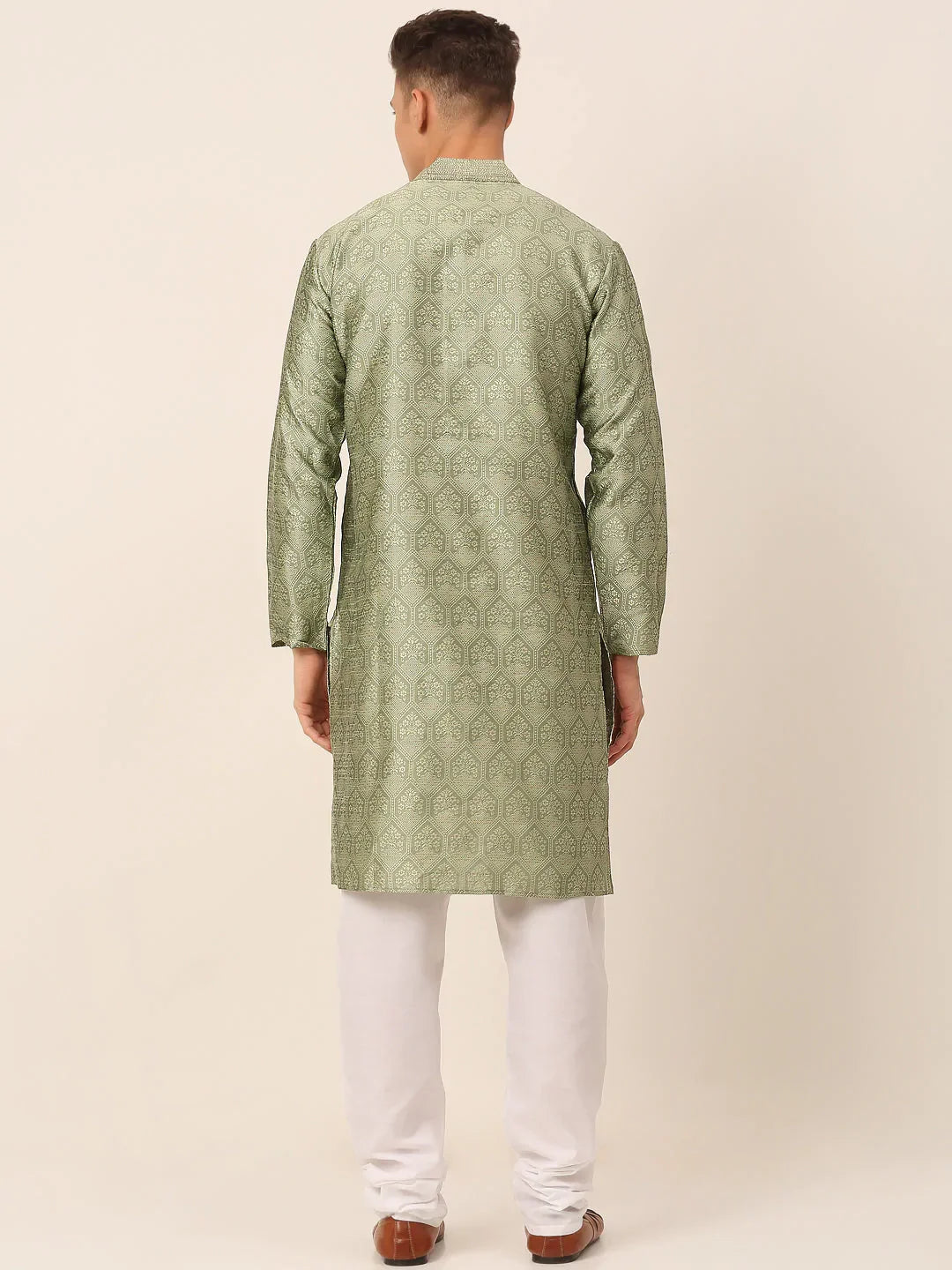 Jompers Men's Silk Blend Collar Embroidered Kurta Pyjama Set - Pista | Grocsy