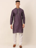 Jompers Men's Silk Blend Collar Embroidered Kurta Pyjama Set - Purple | Grocsy