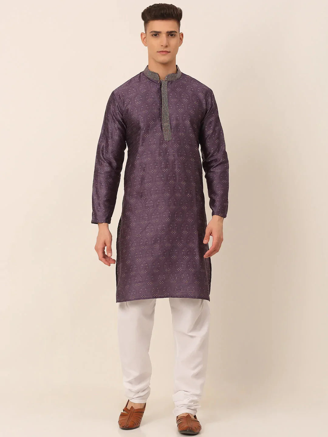 Jompers Men's Silk Blend Collar Embroidered Kurta Pyjama Set - Purple | Grocsy