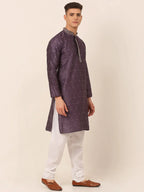 Jompers Men's Silk Blend Collar Embroidered Kurta Pyjama Set - Purple | Grocsy