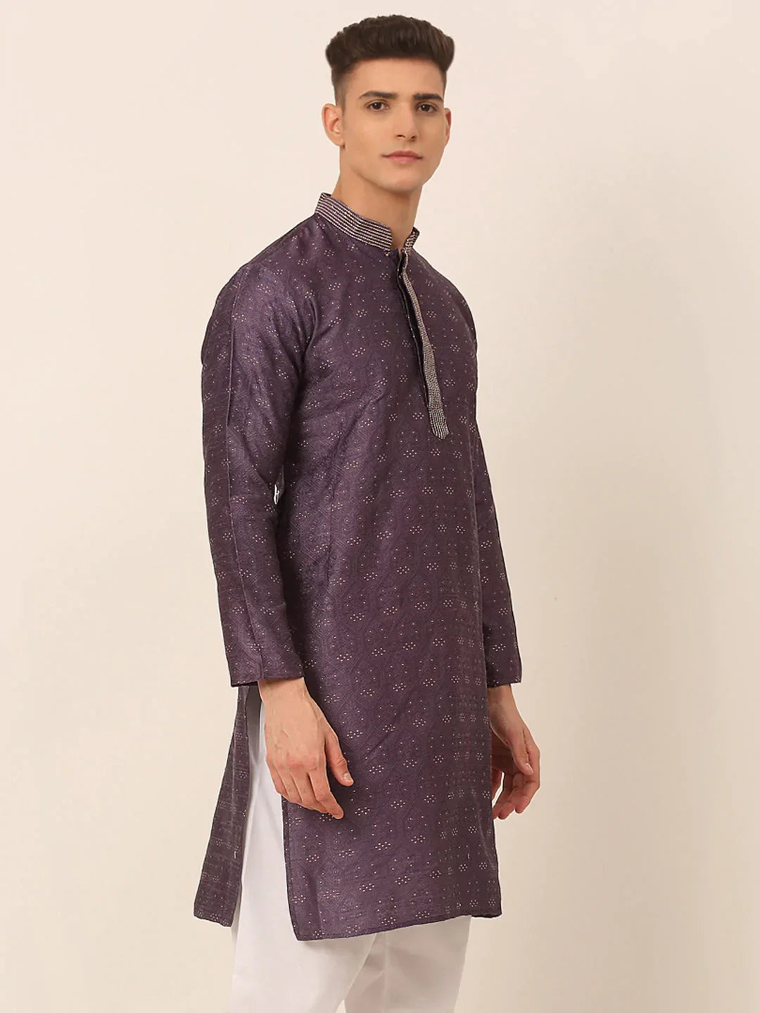Jompers Men's Silk Blend Collar Embroidered Kurta only - Purple | Grocsy