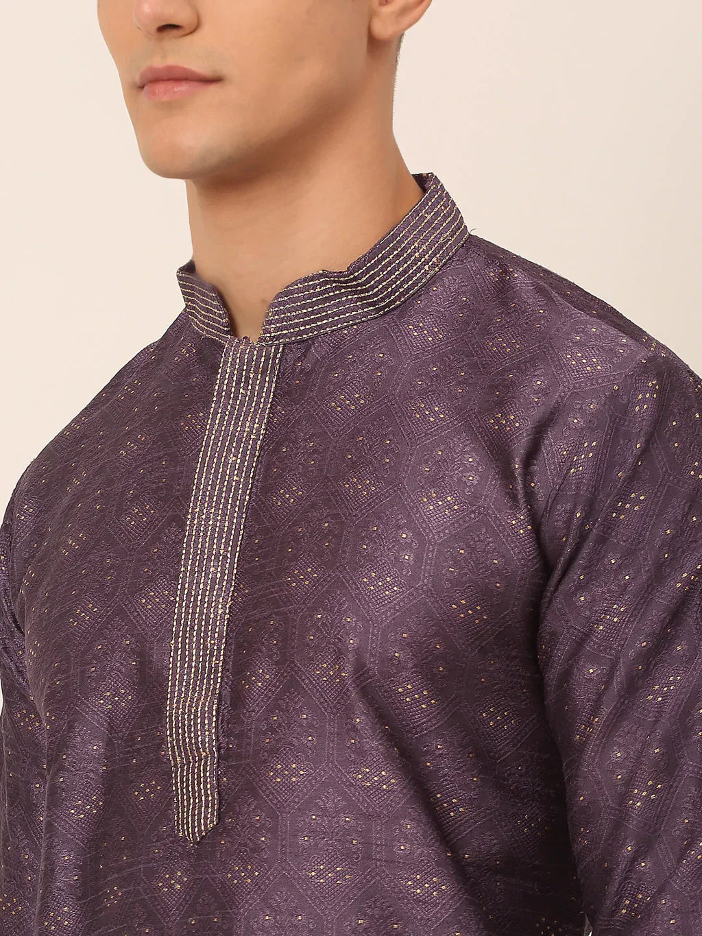 Jompers Men's Silk Blend Collar Embroidered Kurta Pyjama Set - Purple | Grocsy
