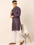 Jompers Men's Silk Blend Collar Embroidered Kurta Pyjama Set - Purple | Grocsy