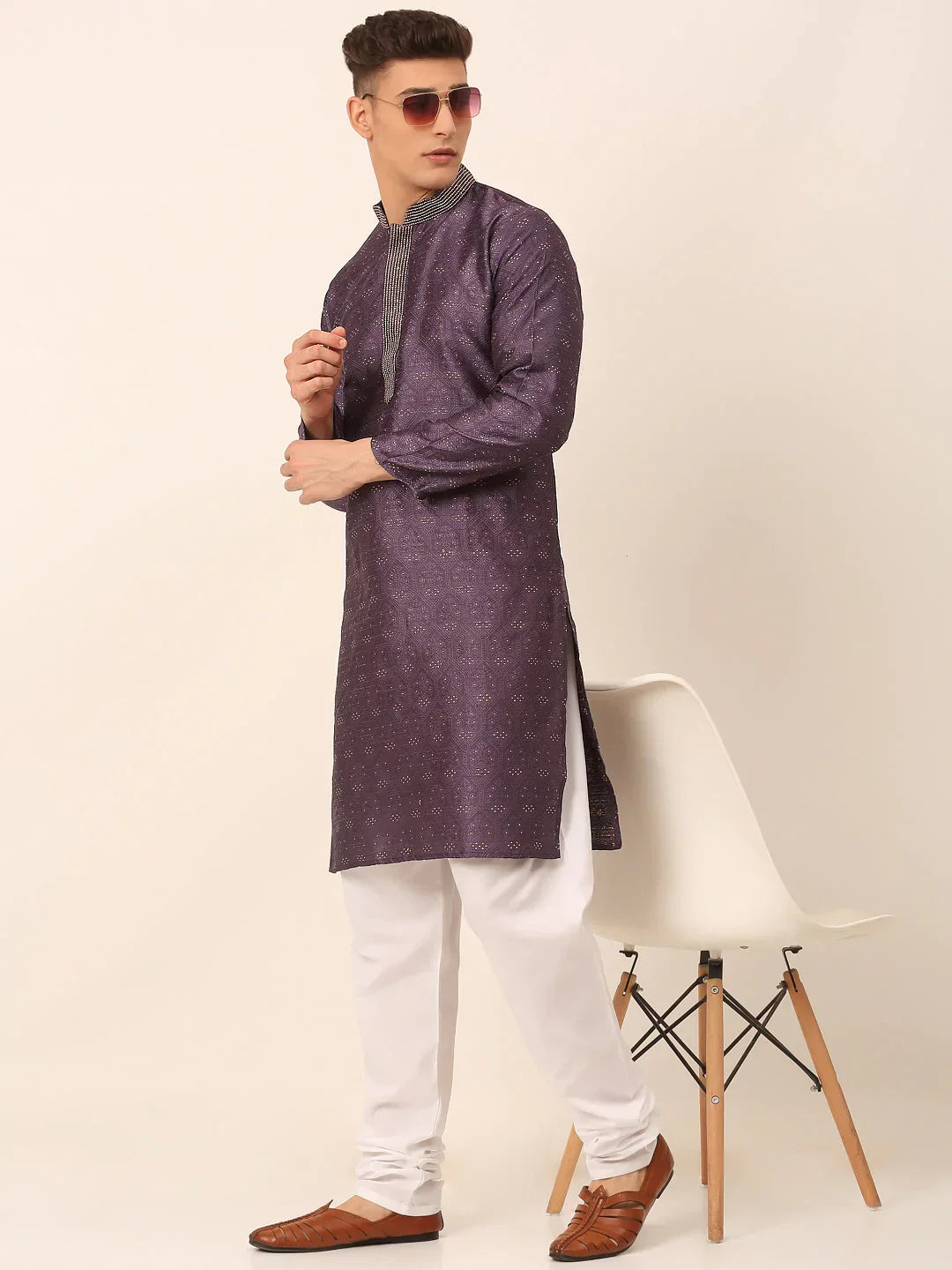 Jompers Men's Silk Blend Collar Embroidered Kurta Pyjama Set - Purple | Grocsy