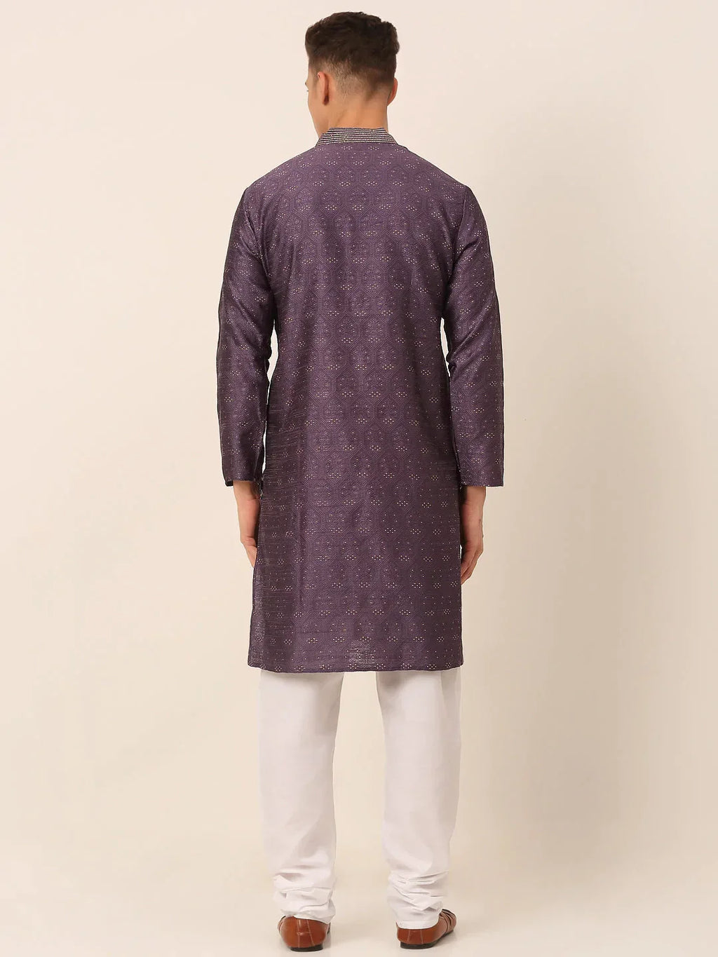 Jompers Men's Silk Blend Collar Embroidered Kurta Pyjama Set - Purple | Grocsy