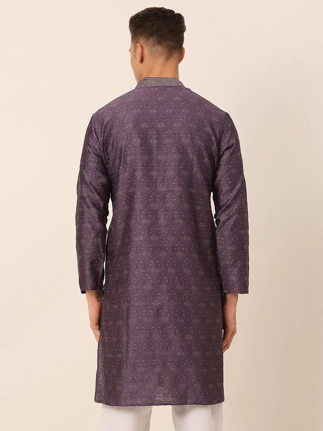 Jompers Men's Silk Blend Collar Embroidered Kurta only - Purple | Grocsy