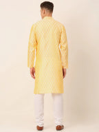 Jompers Men's Silk Blend Collar Embroidered Kurta Pyjama Set - Golden | Grocsy