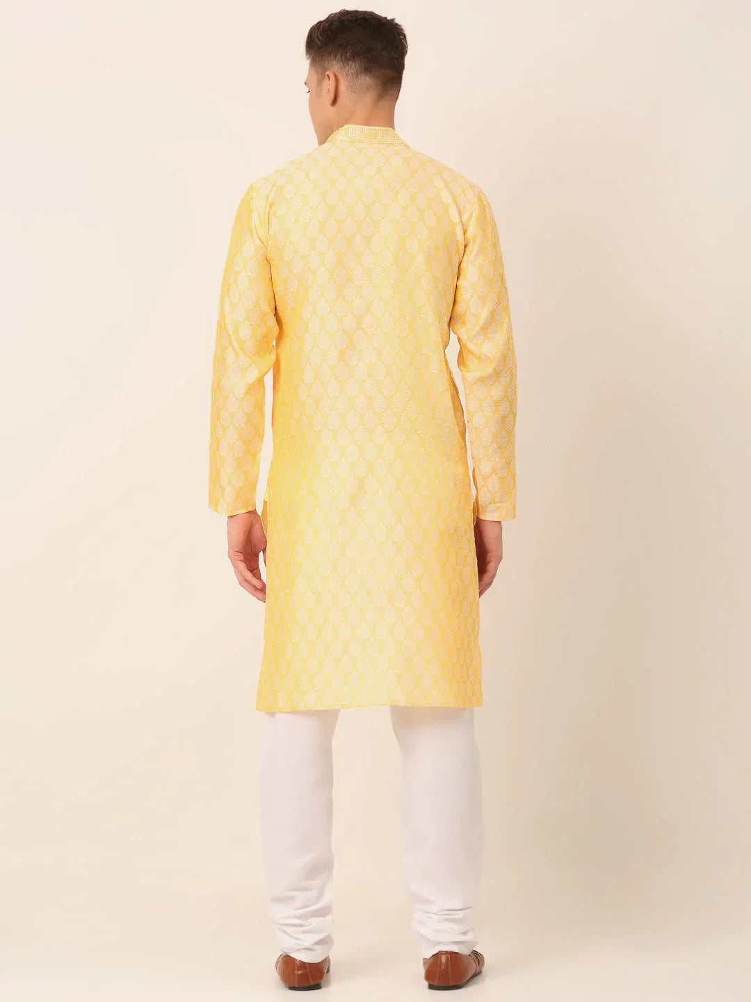 Jompers Men's Silk Blend Collar Embroidered Kurta Pyjama Set - Golden | Grocsy