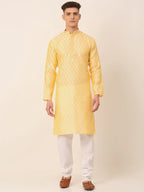 Jompers Men's Silk Blend Collar Embroidered Kurta Pyjama Set - Golden | Grocsy