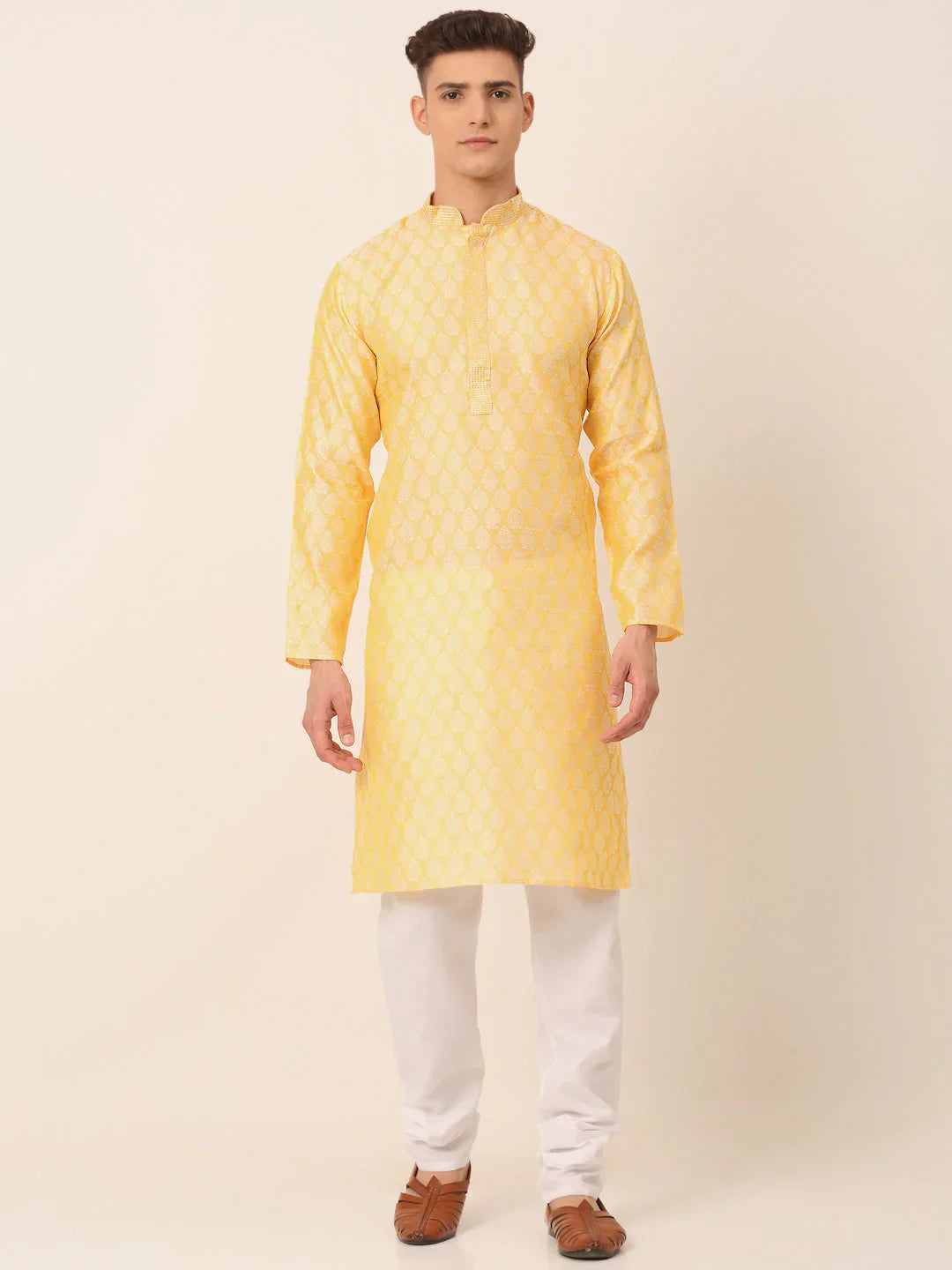 Jompers Men's Silk Blend Collar Embroidered Kurta Pyjama Set - Golden | Grocsy