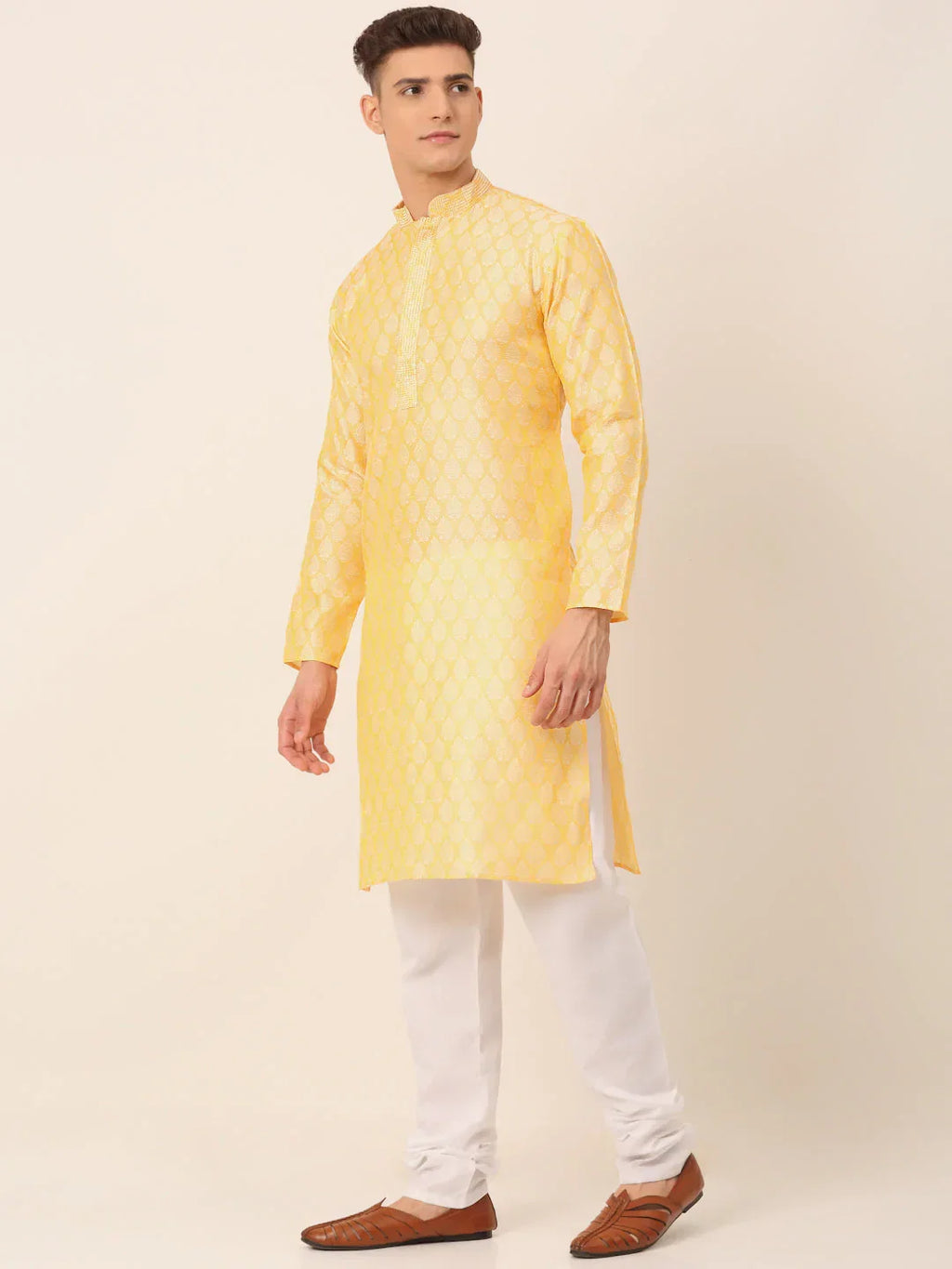 Jompers Men's Silk Blend Collar Embroidered Kurta Pyjama Set - Golden | Grocsy