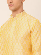 Jompers Men's Silk Blend Collar Embroidered Kurta Pyjama Set - Golden | Grocsy