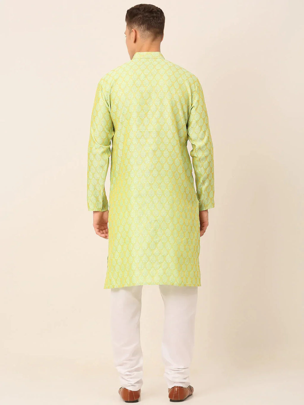 Jompers Men's Silk Blend Collar Embroidered Kurta Pyjama Set - Green | Grocsy