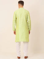 Jompers Men's Silk Blend Collar Embroidered Kurta Pyjama Set - Green | Grocsy