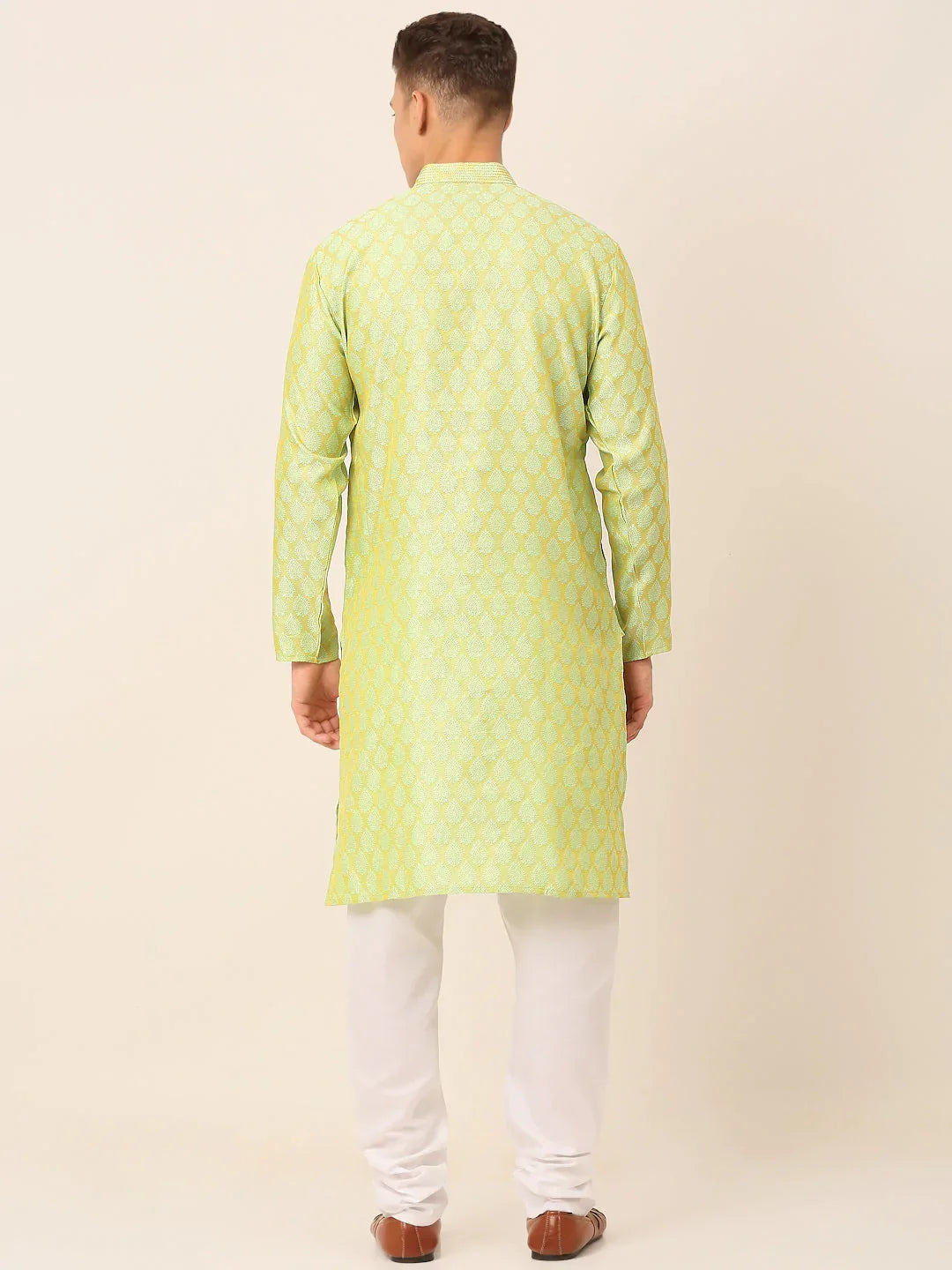 Jompers Men's Silk Blend Collar Embroidered Kurta Pyjama Set - Green | Grocsy