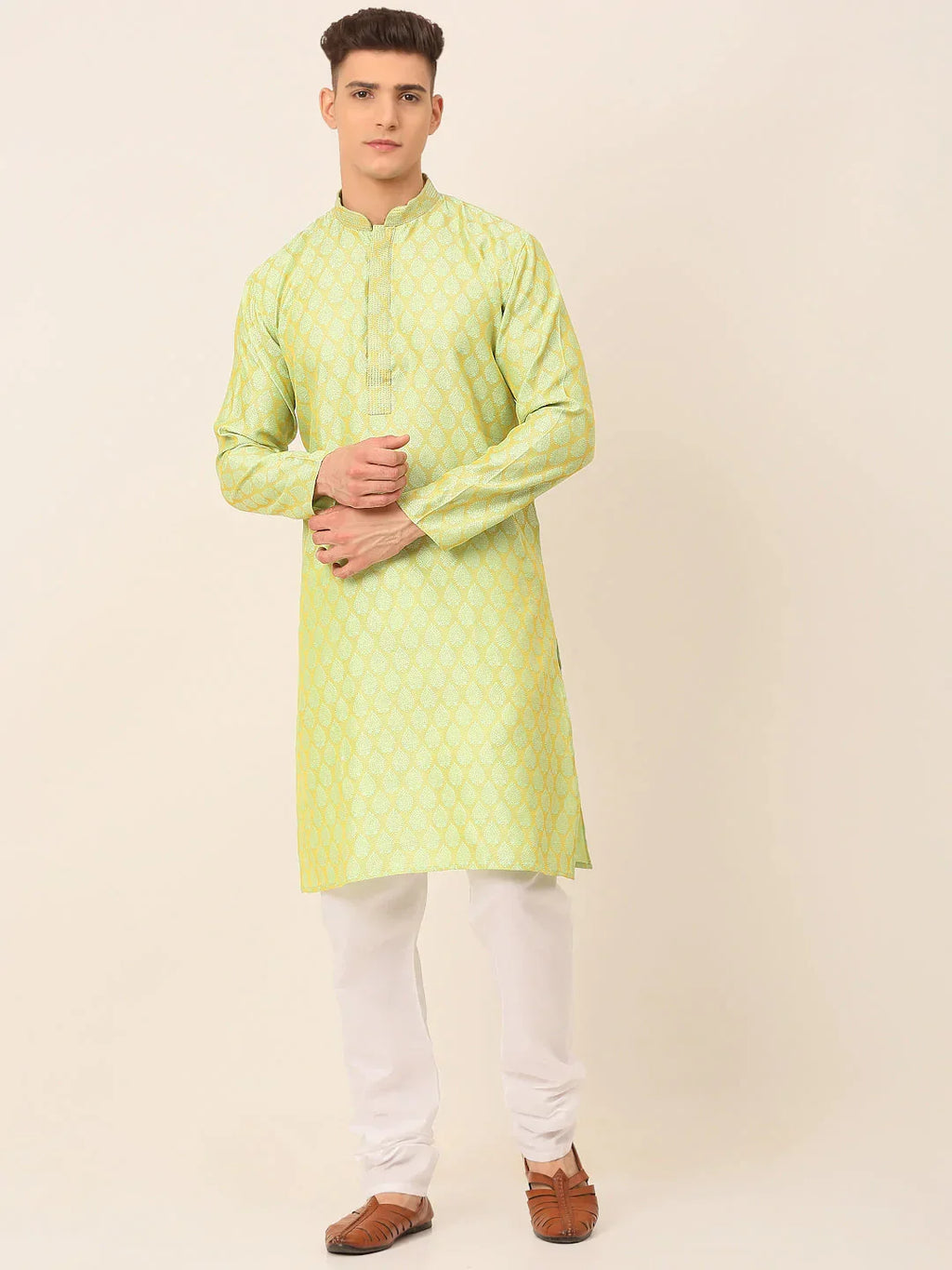 Jompers Men's Silk Blend Collar Embroidered Kurta Pyjama Set - Green | Grocsy