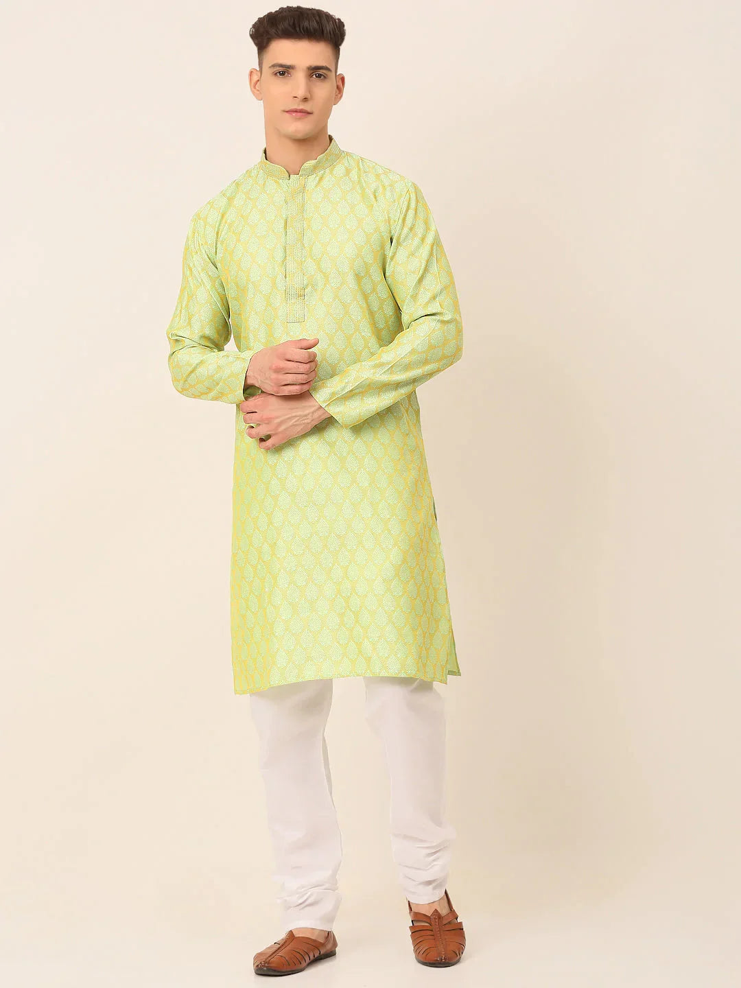 Jompers Men's Silk Blend Collar Embroidered Kurta Pyjama Set - Green | Grocsy