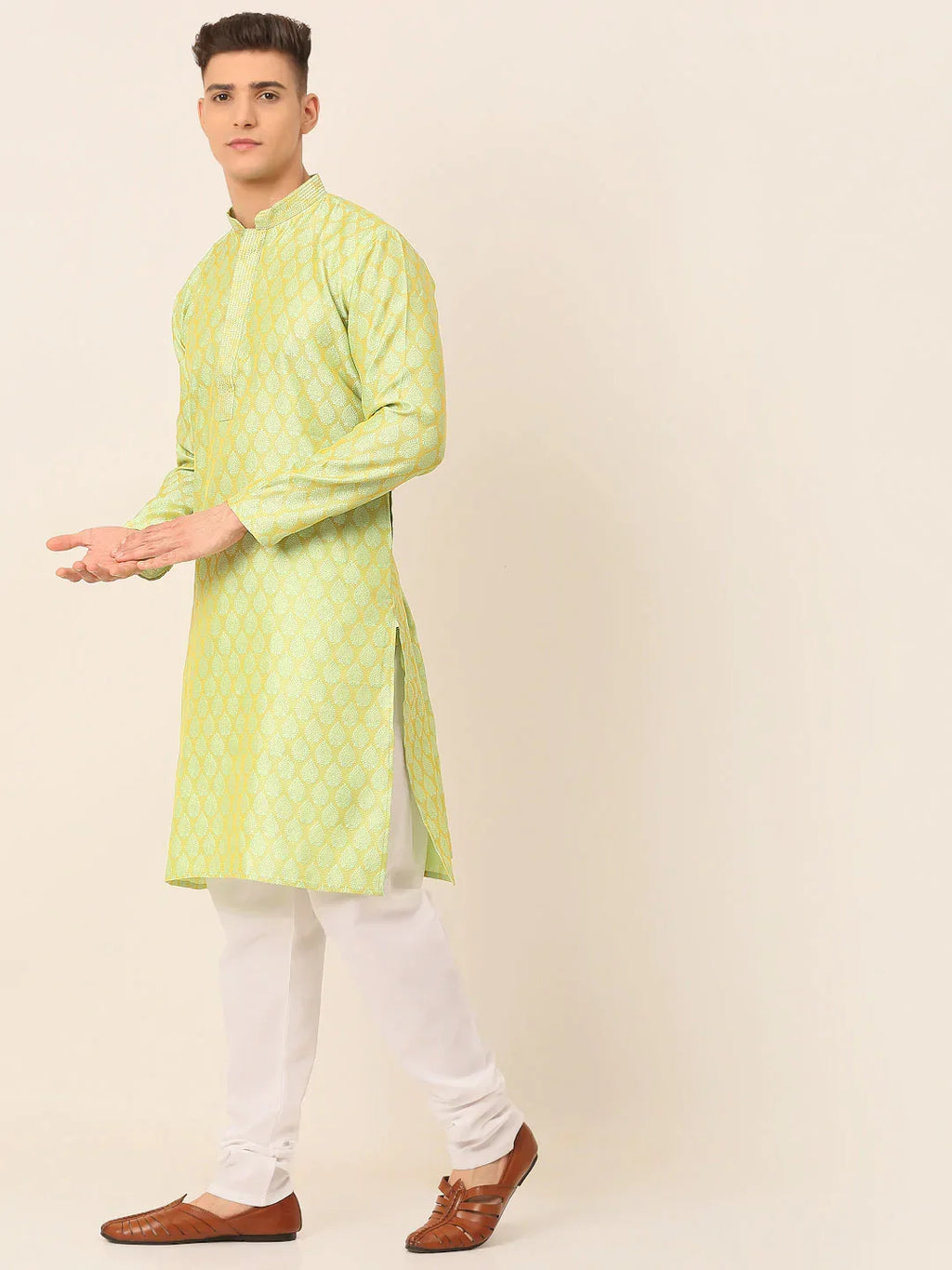 Jompers Men's Silk Blend Collar Embroidered Kurta Pyjama Set - Green | Grocsy