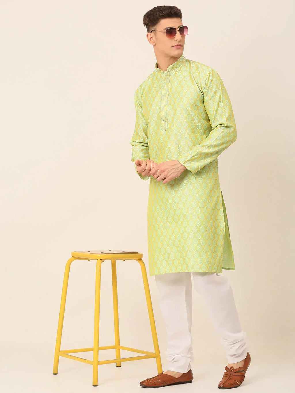 Jompers Men's Silk Blend Collar Embroidered Kurta Pyjama Set - Green | Grocsy