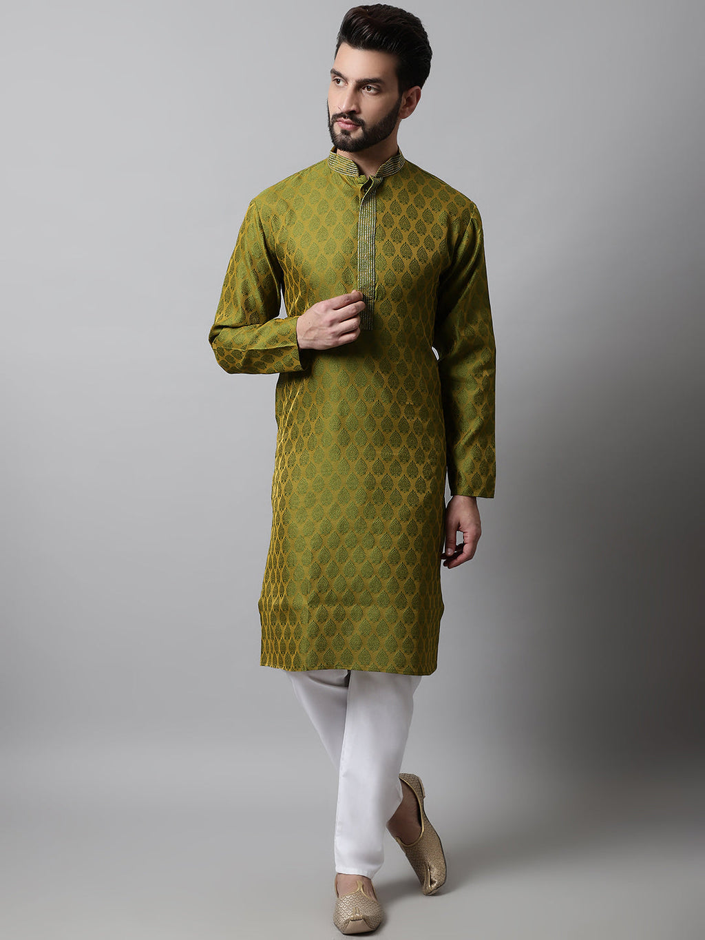 Jompers Men's Olive Green and White Woven Design Kurta With Churidar | Grocsy