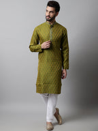 Jompers Men's Olive Green and White Woven Design Kurta With Churidar | Grocsy