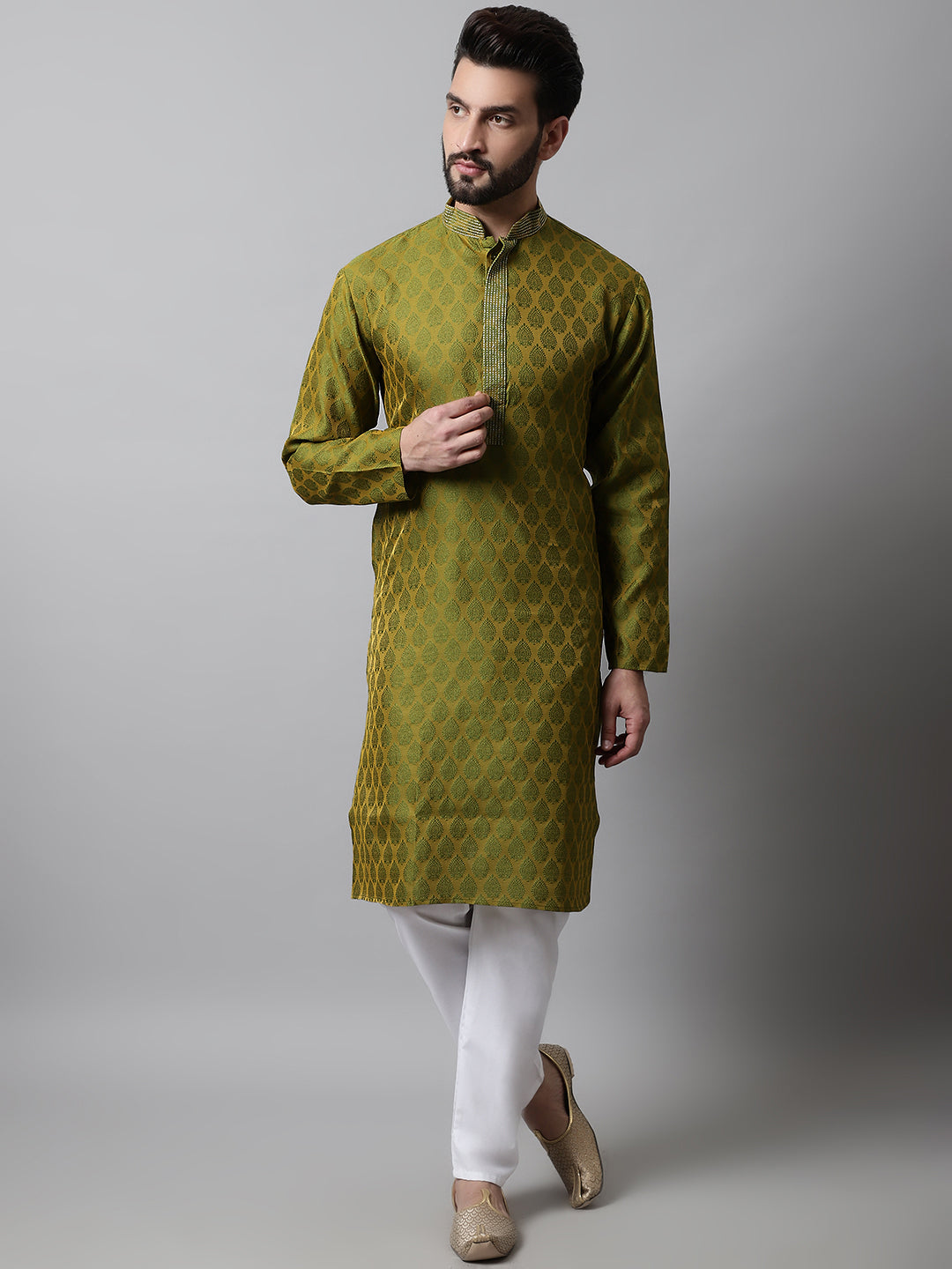 Jompers Men's Olive Green and White Woven Design Kurta With Churidar | Grocsy