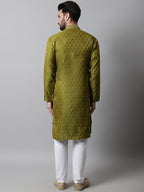 Jompers Men's Olive Green and White Woven Design Kurta With Churidar | Grocsy