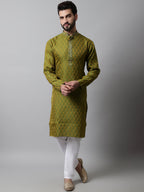 Jompers Men's Olive Green and White Woven Design Kurta With Churidar | Grocsy