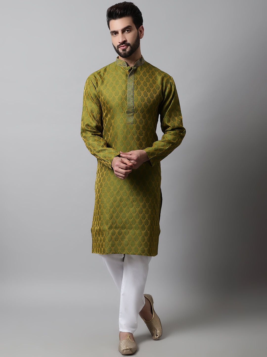 Jompers Men's Olive Green and White Woven Design Kurta With Churidar | Grocsy