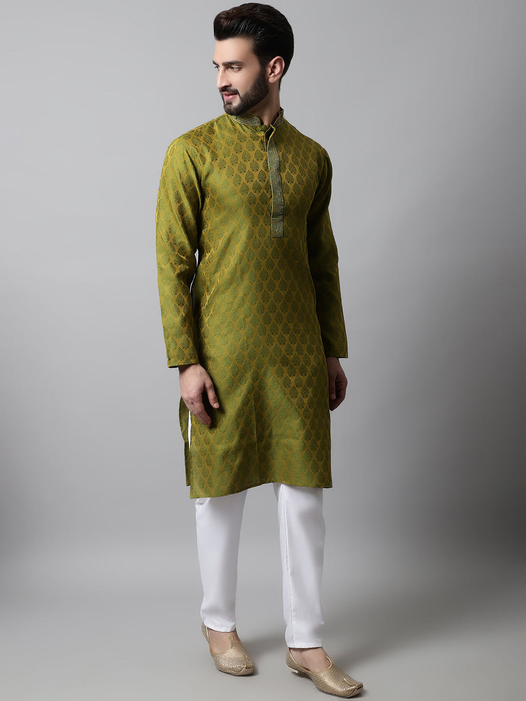 Jompers Men's Olive Green and White Woven Design Kurta With Churidar | Grocsy