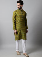 Jompers Men's Olive Green and White Woven Design Kurta With Churidar | Grocsy